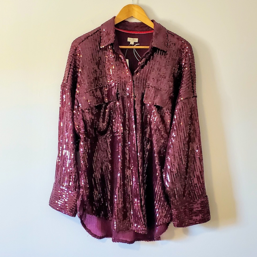 NWT Anthropologie Pilcro Sequin Oversized Shirt - Plum - Large